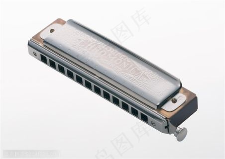 斜着摆放的金属口琴特写