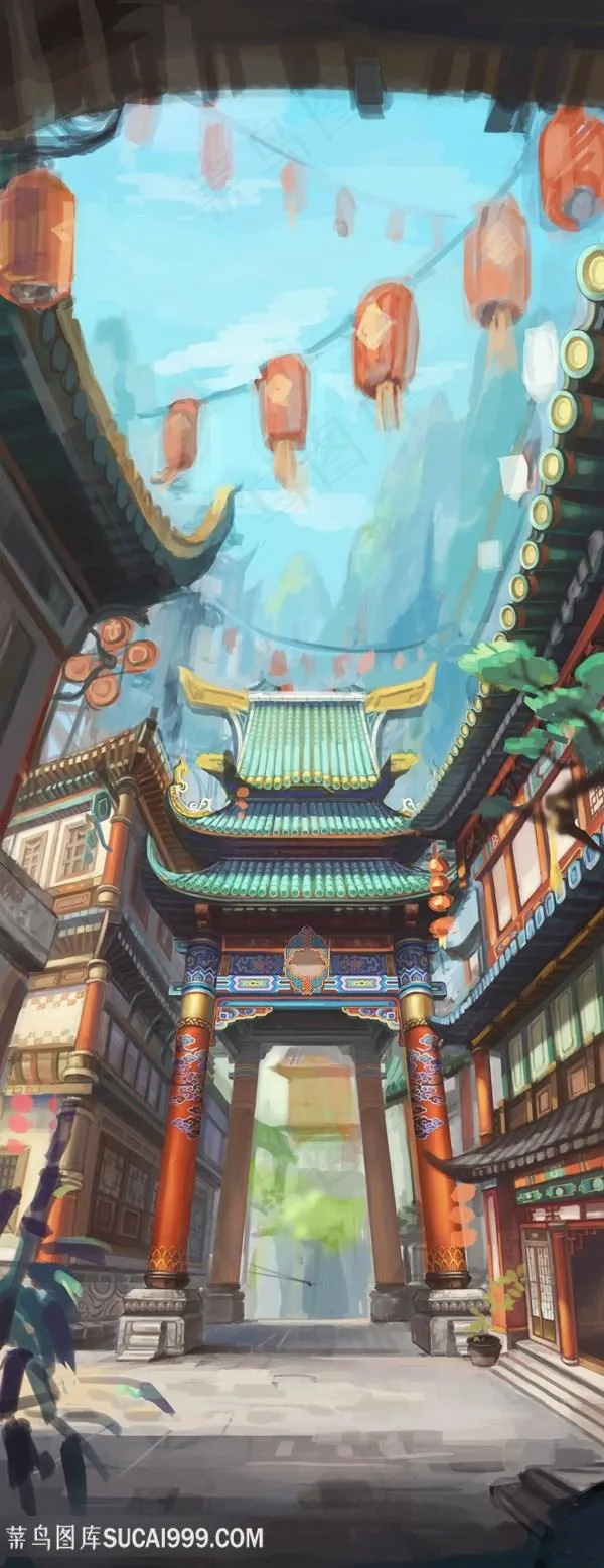 中国风古代门牌CG原画绘画图片