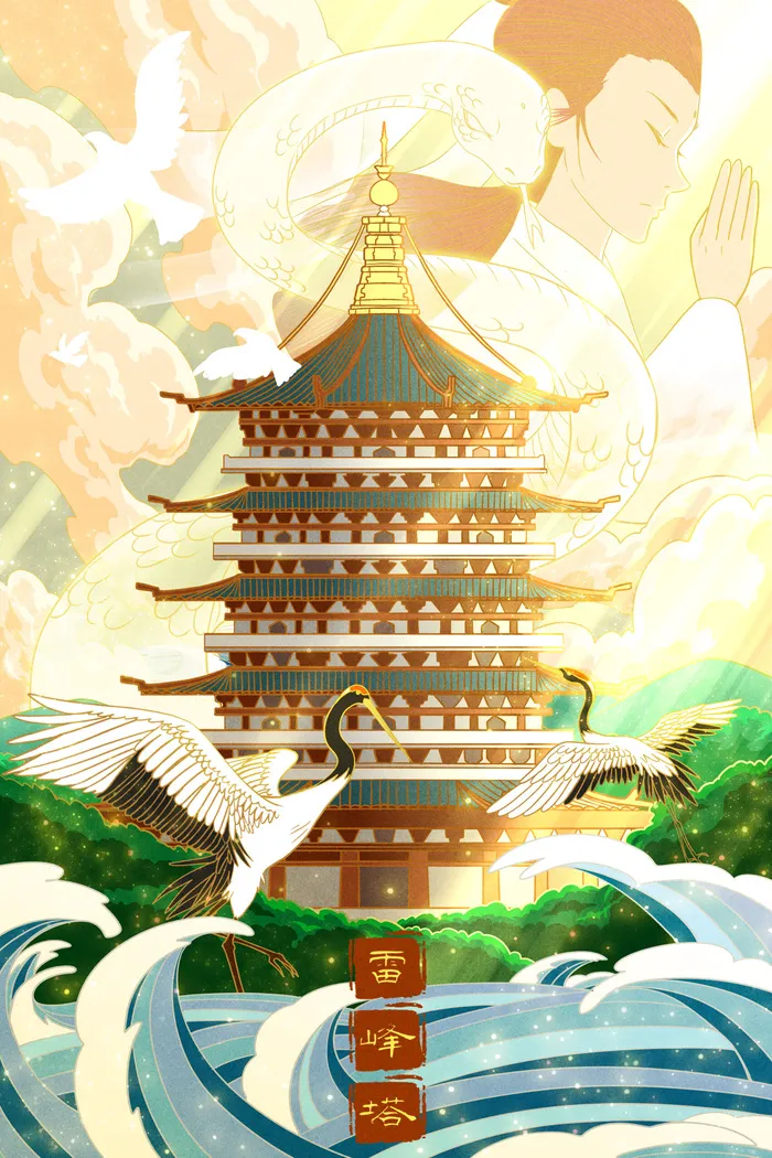 中国风国潮古建筑地标城市古风建筑阁楼印象地标手绘插画PSD素材psd模版下载