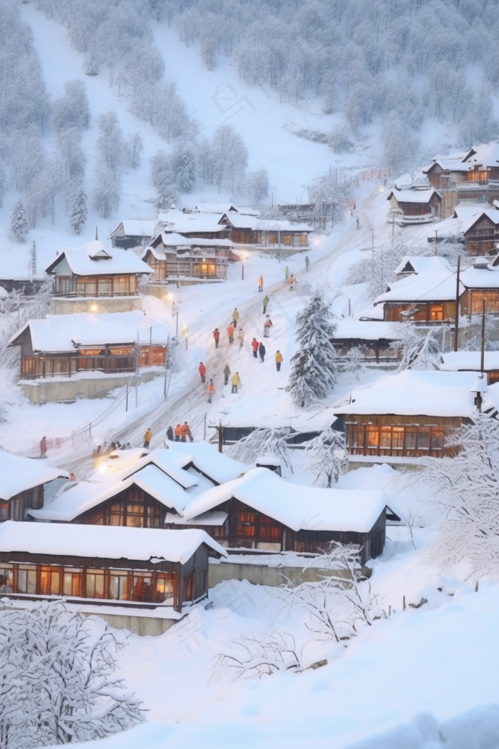 冬天白雪覆盖的小村庄雪景摄影图(2688x4032)
