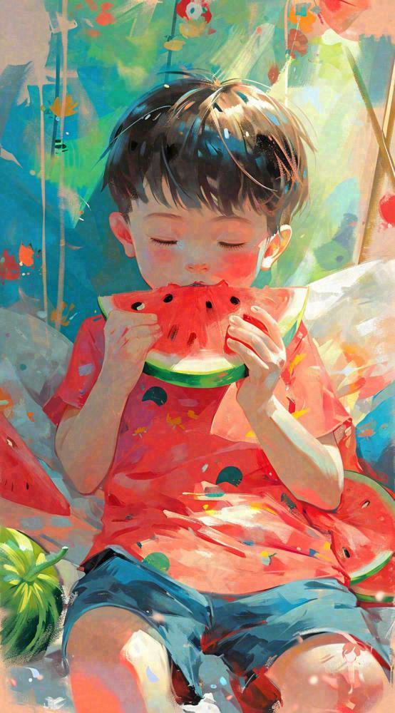 夏日清凉阳光男孩吃西瓜油画手绘插画，儿童节夏至大暑小暑(816x1472)