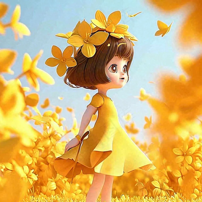 秋天秋叶飘落黄衣少女在欣赏美景，秋分(1024x1024)