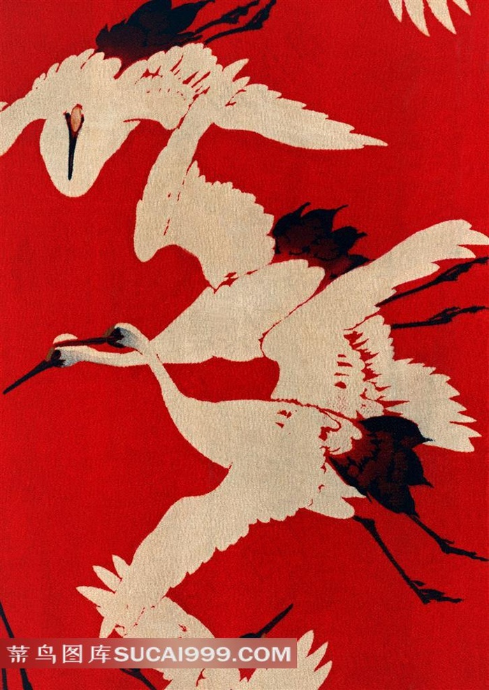 日式简约鹤纹图案红底布纹