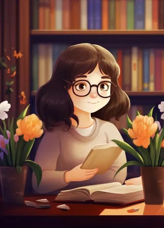 戴眼镜教师书籍鲜花暗黄色背景