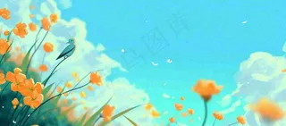 春天清新草地小花蓝天白云，鲜花向阳手绘插画