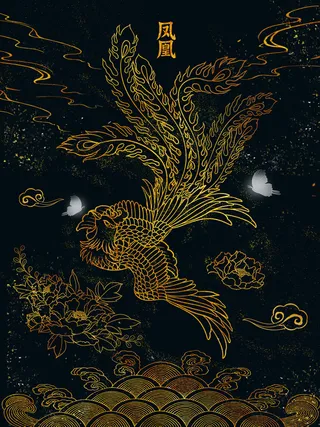 复古中国风国潮手绘烫金仙鹤锦鲤凤凰建筑黑金线描插画PS设计素材