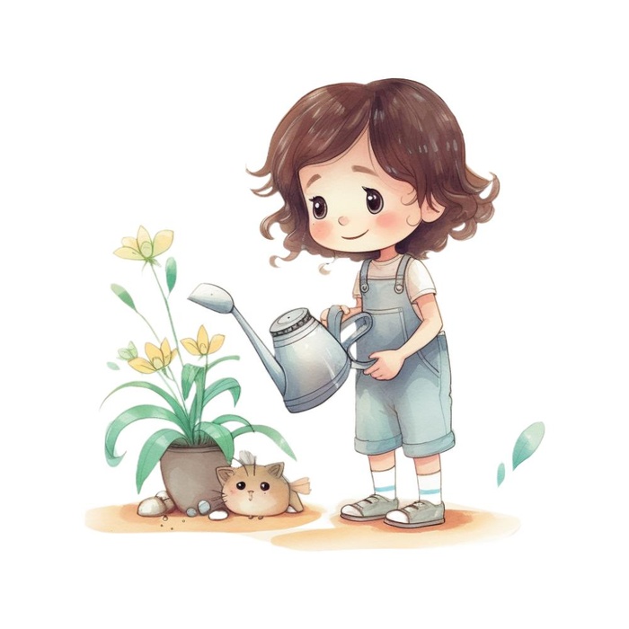 小女孩拿着水壶浇水绿植草人物插画免抠(1024x1024)
