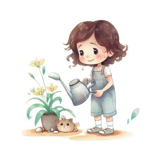 小女孩拿着水壶浇水绿植草人物插画免抠