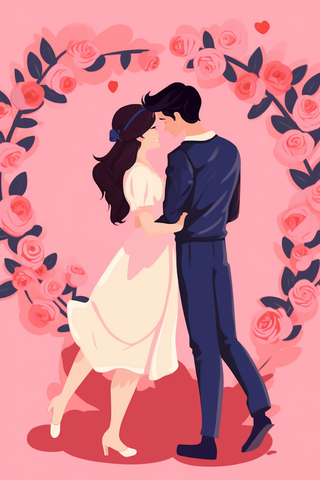 粉色卡通插画情侣拥抱花团锦簇浪漫素材背景