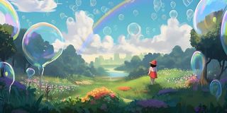 蓝天白云彩色泡泡彩虹草原树林风景插画背景