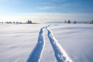 冬天雪地里走过的脚印雪景摄影图