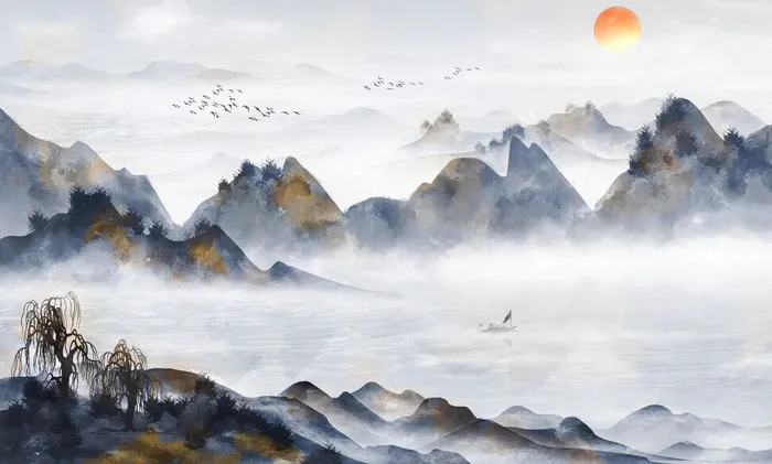 水墨绘画山水风PSD素材psd模版下载