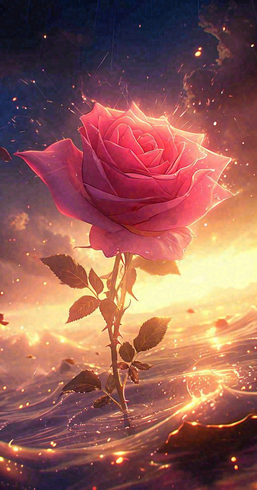 海平面上渐变落日前的一支粉色玫瑰花鲜花花朵，鲜艳爱情(800x1520)