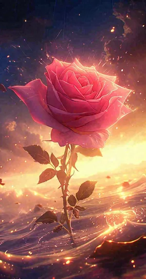 海平面上渐变落日前的一支粉色玫瑰花鲜花花朵，鲜艳爱情