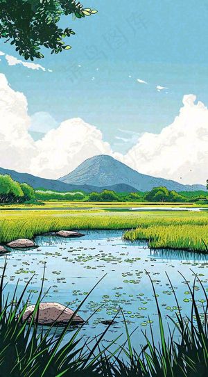 春天阳光灿烂远处的高山和田野春意盎然手绘卡通画