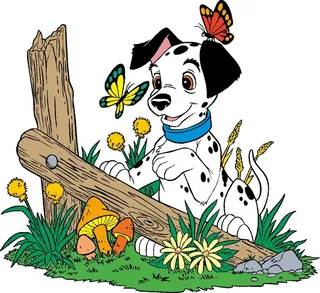 卡通动画动漫可爱狗狗和蝴蝶玩耍的斑点狗矢量图海报元素图