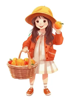 女孩提篮子裙子帽子插画