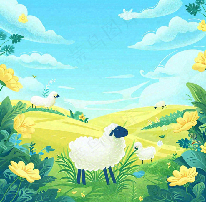 卡通手绘绿色春天草地鲜花花朵绵羊