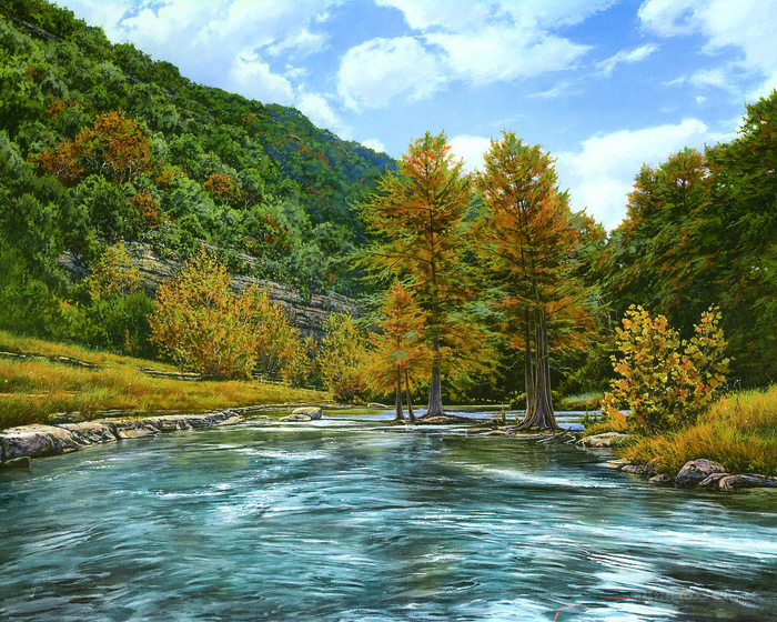 河流树林山脉高清风景画油画