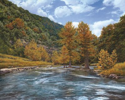 河流树林山脉高清风景画油画