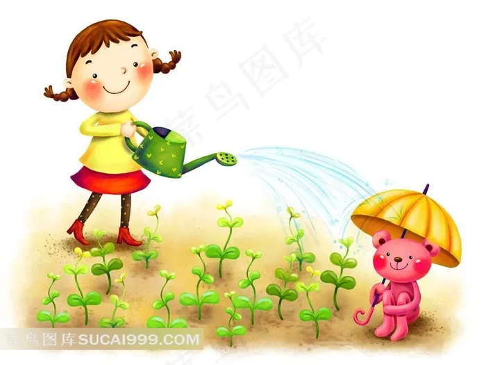 浇水的小女孩打伞的小猫插画
