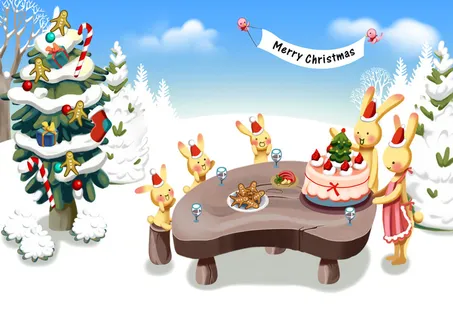 圣诞雪景卡通兔子PSD素材