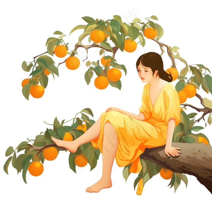 少女女孩坐着柿子树上橙色插画免抠