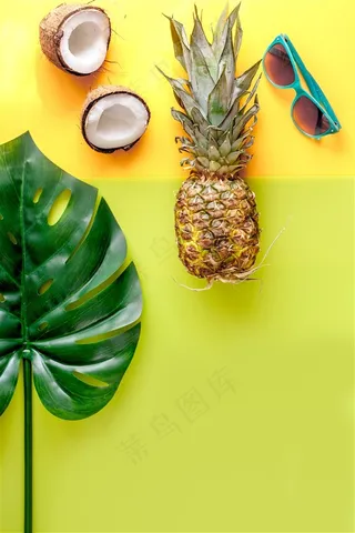 夏季菠萝和椰子椰青顶视图背景