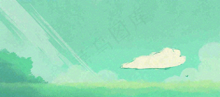 春天绿色插画手绘森林草地，白云阳光(1632x720)