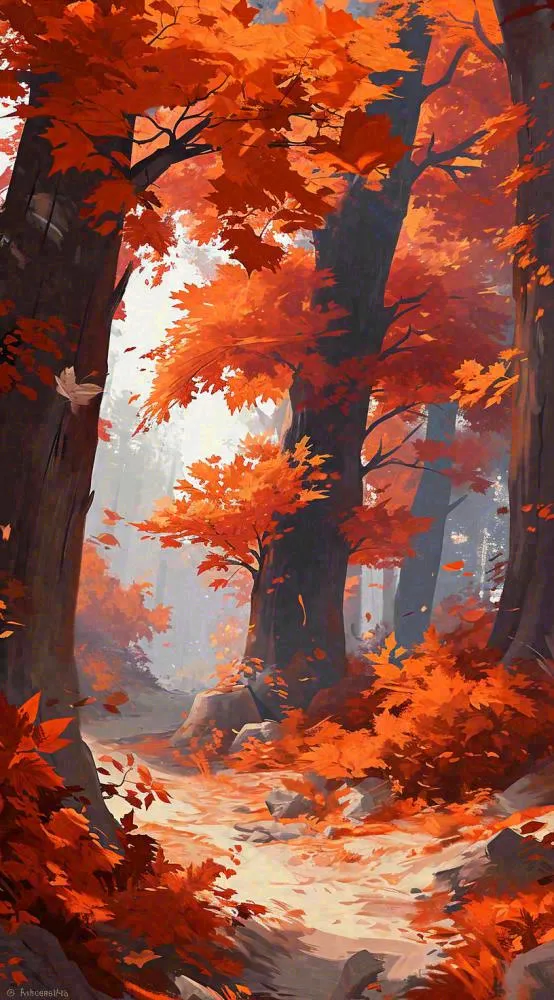 秋天红色秋叶树落叶温馨自然风景，立秋手绘插画(816x1472)