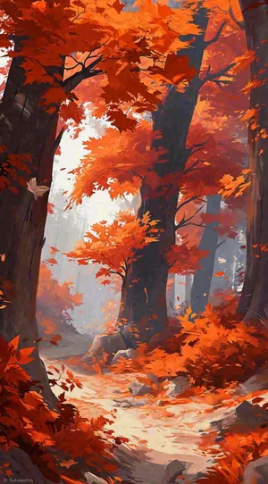 秋天红色秋叶树落叶温馨自然风景，立秋手绘插画