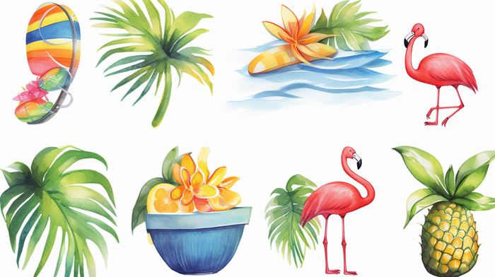 夏日炎热热带植物海边元素卡通插画(x)