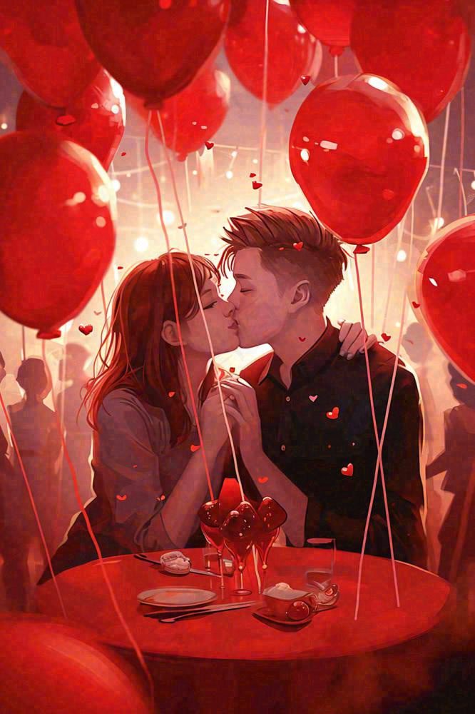 情人节爱心浪漫情侣晚餐生日蛋糕插画手绘