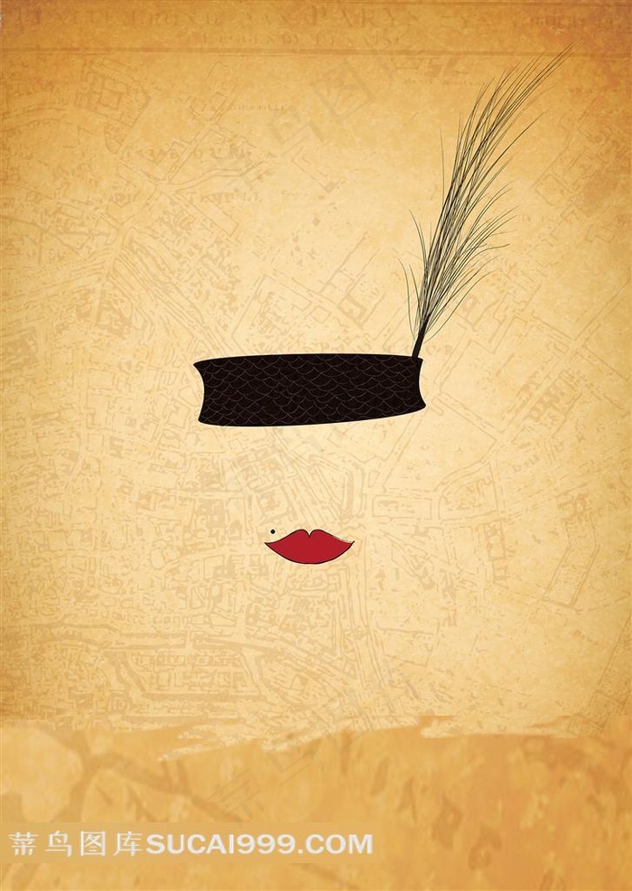 红唇与带羽毛的帽子电影午夜巴黎创意海报