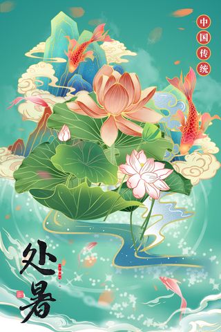 国潮简约荷花处暑锦鲤海报