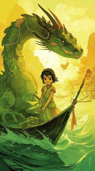 国风中国龙龙年落日黄绿色意境海浪插画手绘