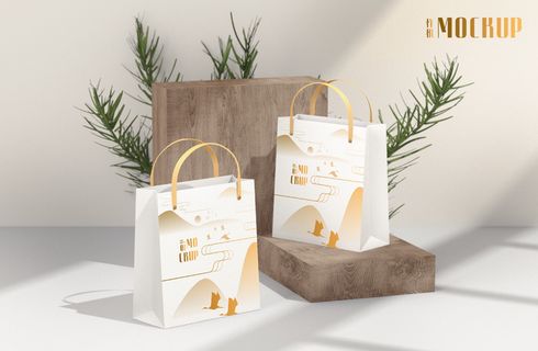 白色手提袋电商树叶场景样机