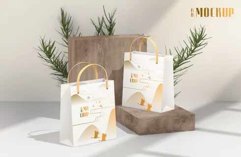 白色手提袋电商树叶场景样机