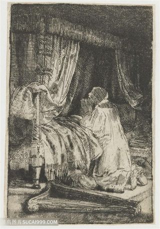 伦勃朗素描卧床