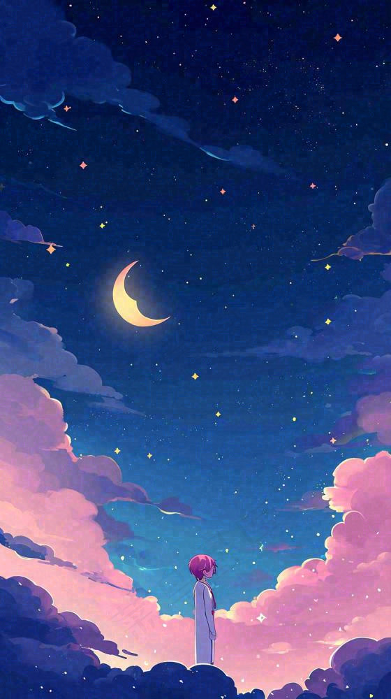 闪烁夜晚浪漫少女仰望星空粉紫色，银河月亮(816x1456)
