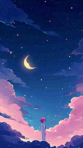 闪烁夜晚浪漫少女仰望星空粉紫色，银河月亮