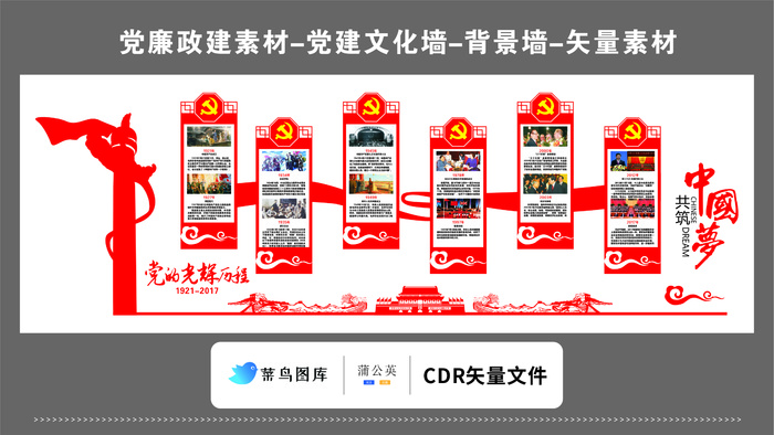党建文化墙党建素材CDR预览图红色背景党的光辉历程展板中国梦