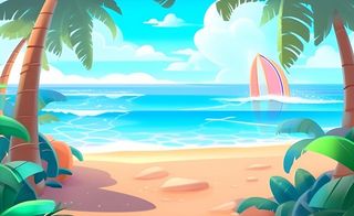 海边度假沙滩椰树冲浪天空插画背景