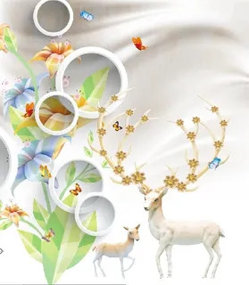 雕塑麋鹿花卉背景墙 雕塑麋鹿花卉背景墙