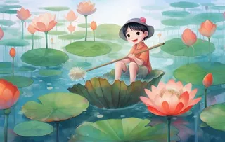 睡莲荷叶池塘里的孩子背景