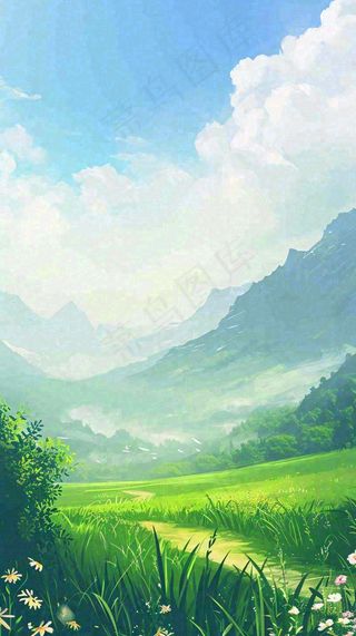 春天郊外露营旅行山脉蓝天白云草坪草地花丛，清新自然，惊蛰春分