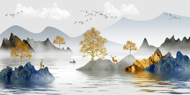 山水金色树枝金鹿装饰画