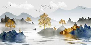 山水金色树枝金鹿装饰画