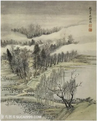 画家巨然仿古画册赵大年水村图国画图片