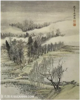 画家巨然仿古画册赵大年水村图国画图片 画家巨然仿古画册赵大年水村图国画图片